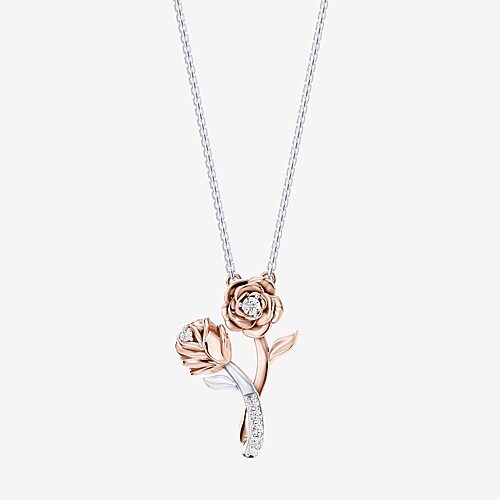 Enchanted Disney Fine Jewelry Belle (I / I2) Womens 1/10 CT. T.W. Lab Grown White Diamond 14K Gold Over Silver Flower Belle 18 Inch Pendant Necklace,