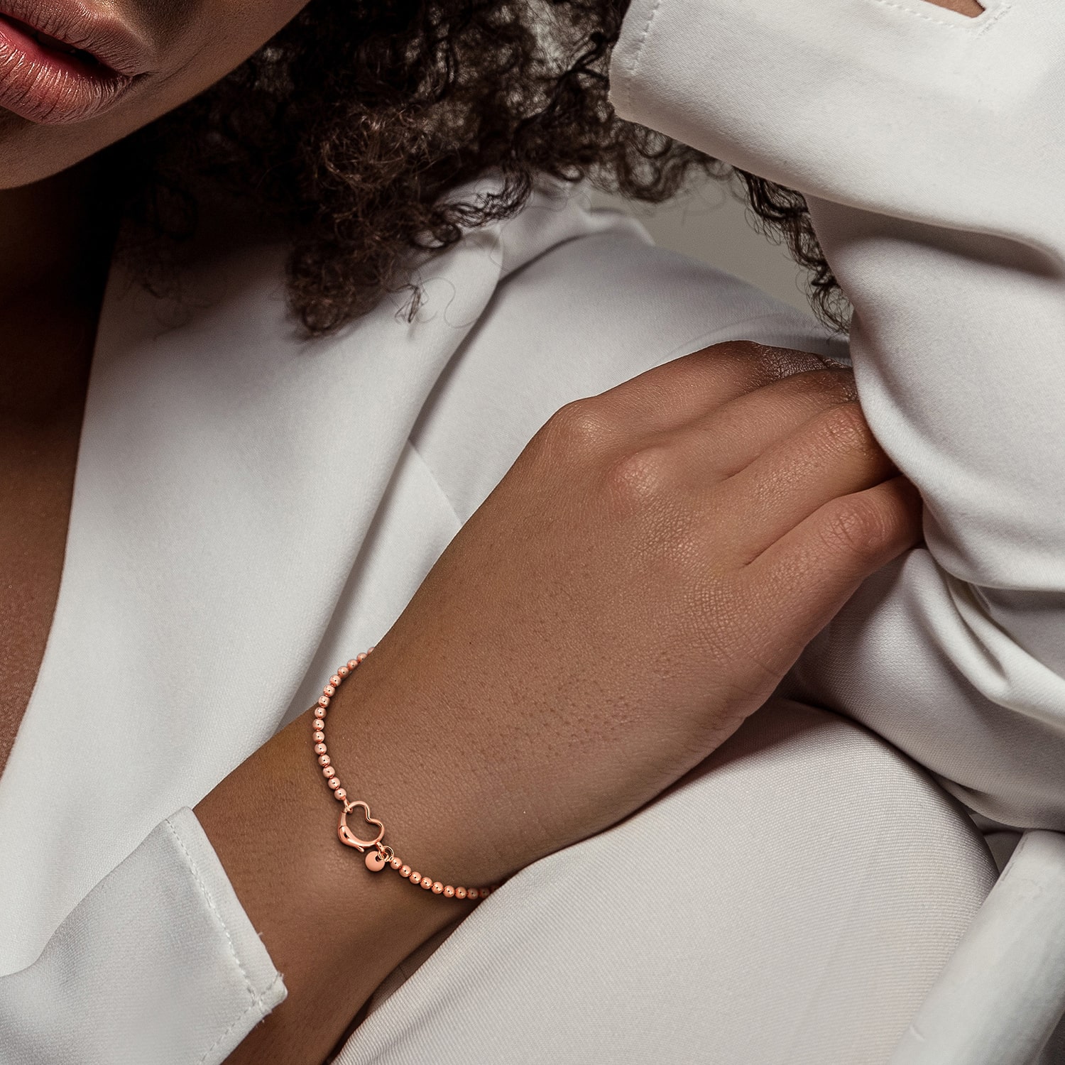 Womens 18K Rose Gold Over Silver Heart Beaded Bracelet