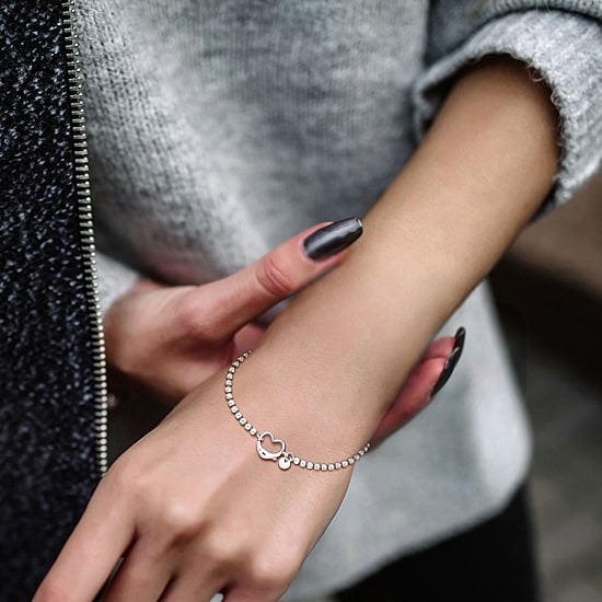 Womens Sterling Silver Heart Beaded Bracelet