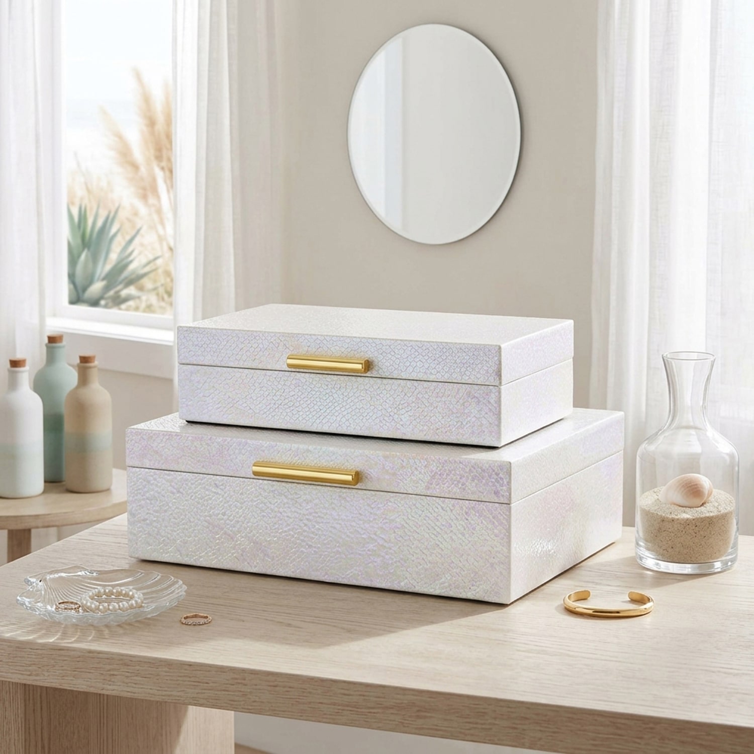 Cheungs Seascale Pattern Iridescent Box Set With Gold Hardware Jewelry Organizer