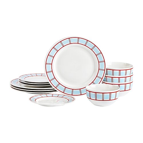 Emeril Lagasse Game Day Porcelain 12-Piece Dinnerware Set, Service for 4 - Red, Light Blue
