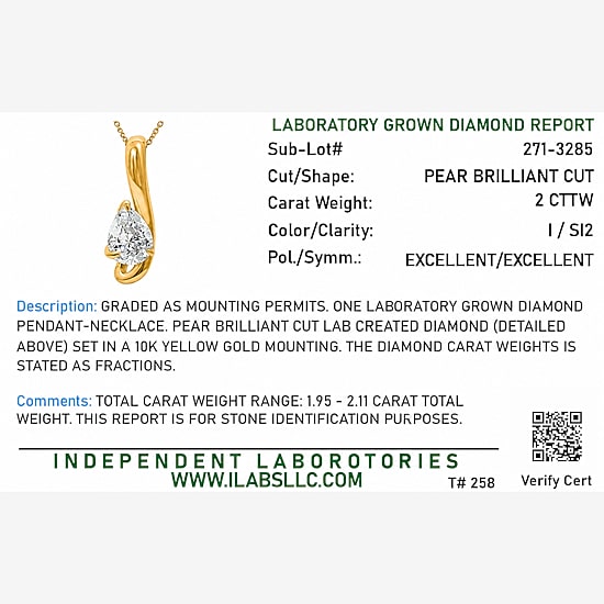 (I / I1) Womens 2 CT. Lab Grown White Diamond 10K Gold Pear 18 Inch Pendant Necklace