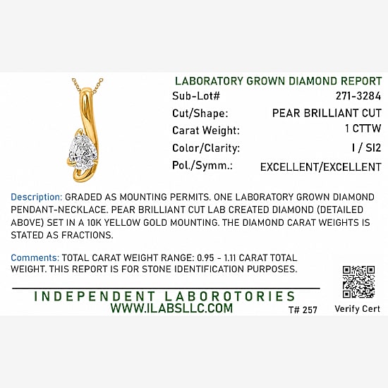 (I / I1) Womens 1 CT. Lab Grown White Diamond 10K Gold Pear 18 Inch Pendant Necklace