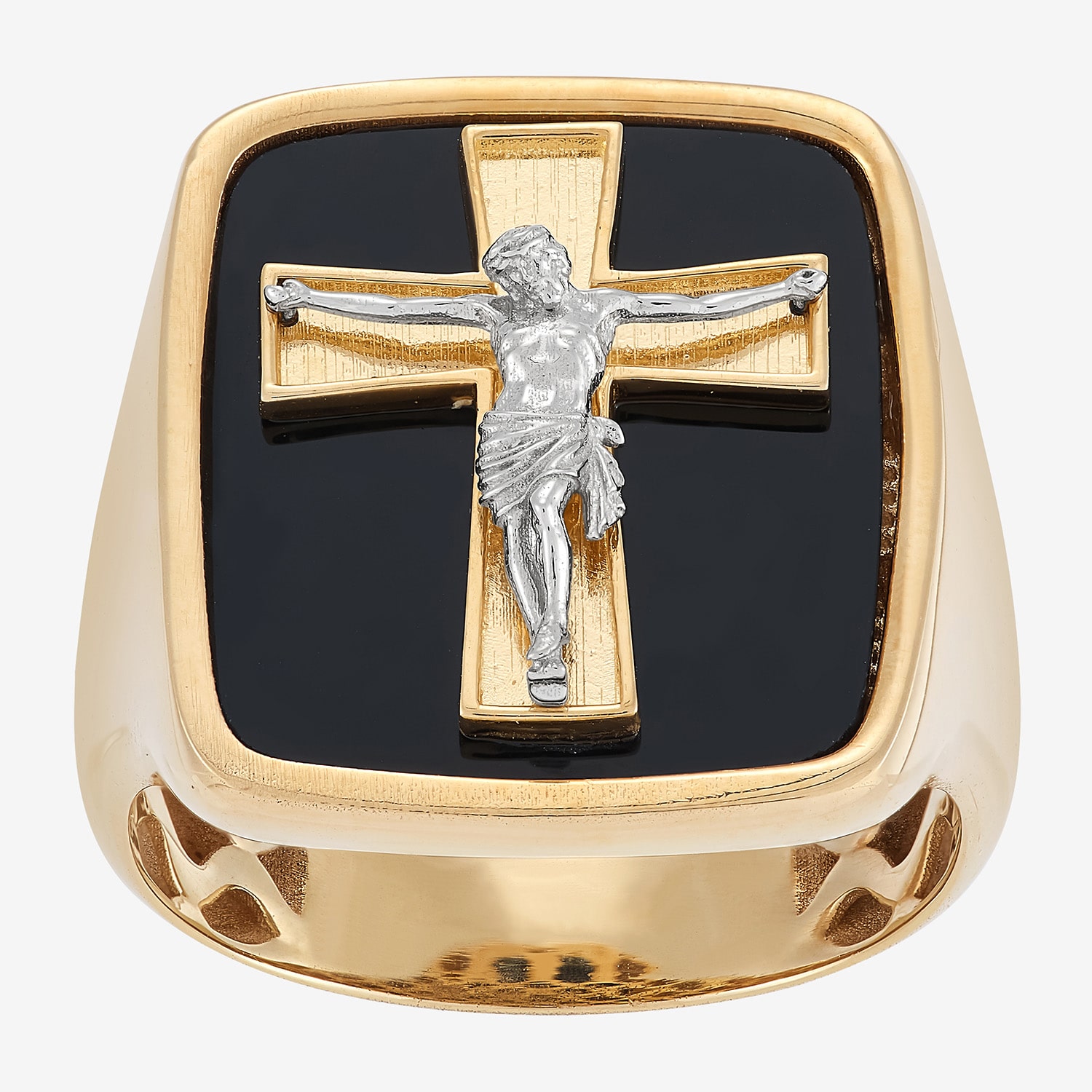 Crucifix Mens Genuine Black Onyx 10K Gold Cross Signet Ring