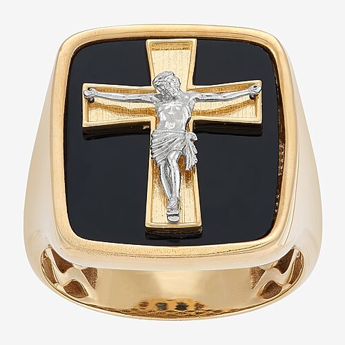 Crucifix Mens Genuine Black Onyx 10K Gold Cross Signet Ring, 10, Onyx