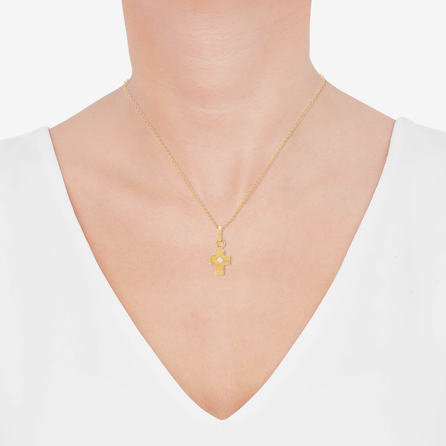 Girls White Diamond 14K Gold Cross 13 Inch Pendant Necklace