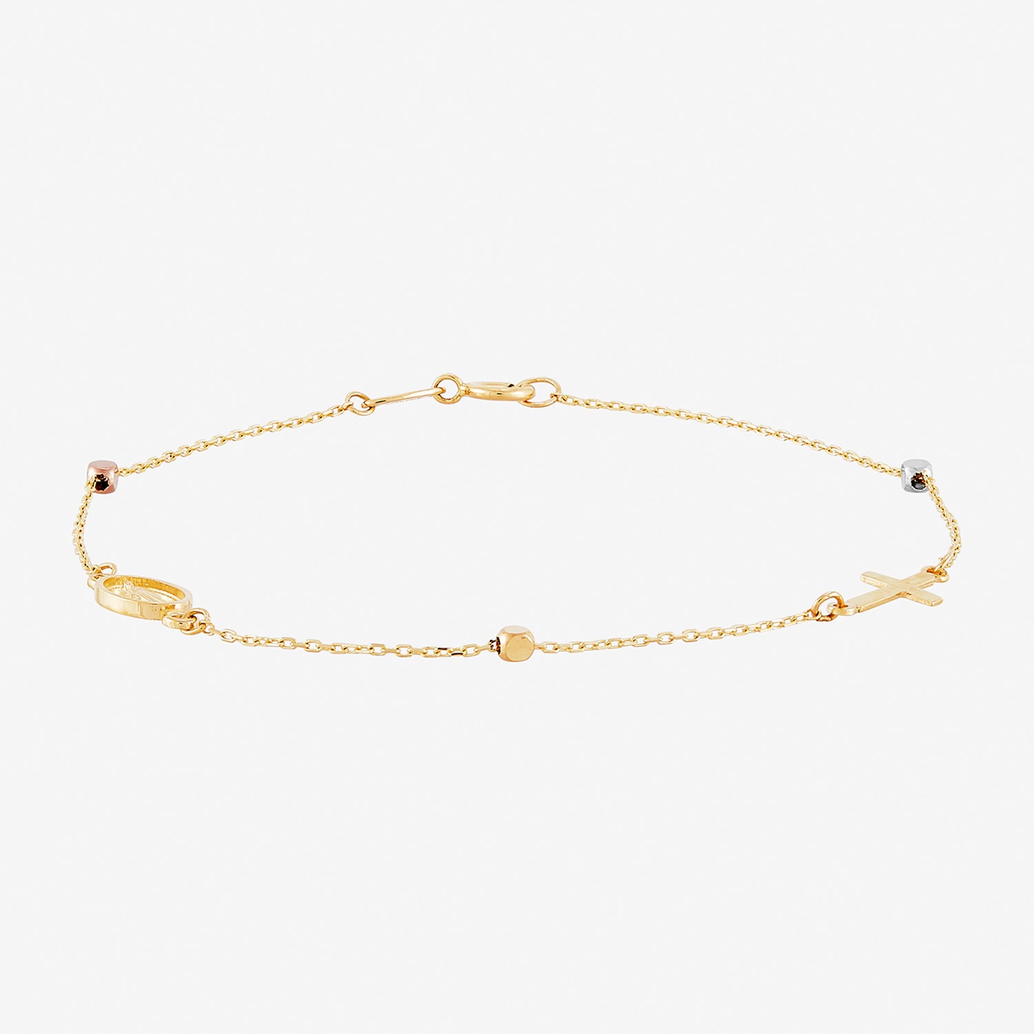 Miraculous Medal Womens 14K Tri-Color Gold Cross 7.25 Inch Link Bracelet