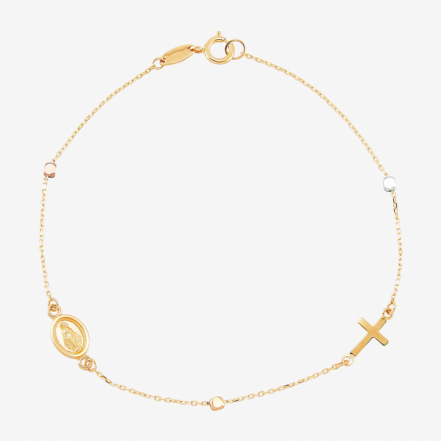 Miraculous Medal Womens 14K Tri-Color Gold Cross 7.25 Inch Link Bracelet