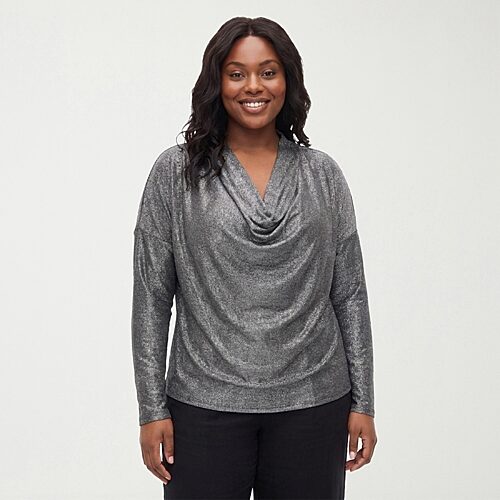 24seven Comfort Apparel Plus Size Cowl Neck Long Sleeve Shimmery Top - Silver