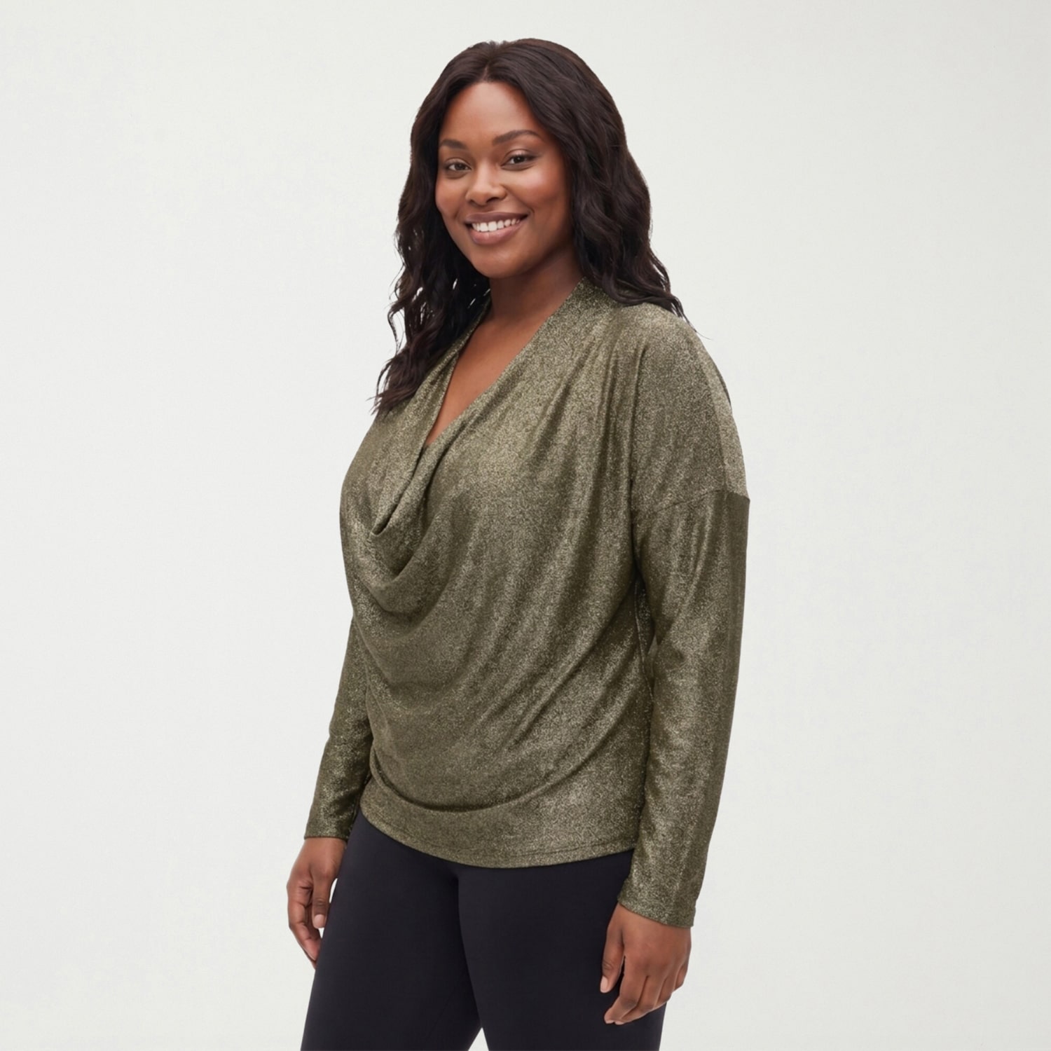 24seven Comfort Apparel Womens Plus Cowl Neck Long Sleeve Blouse