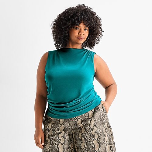 Ashley Graham Womens Plus Draped Neck Sleeveless Tank Top In Blue