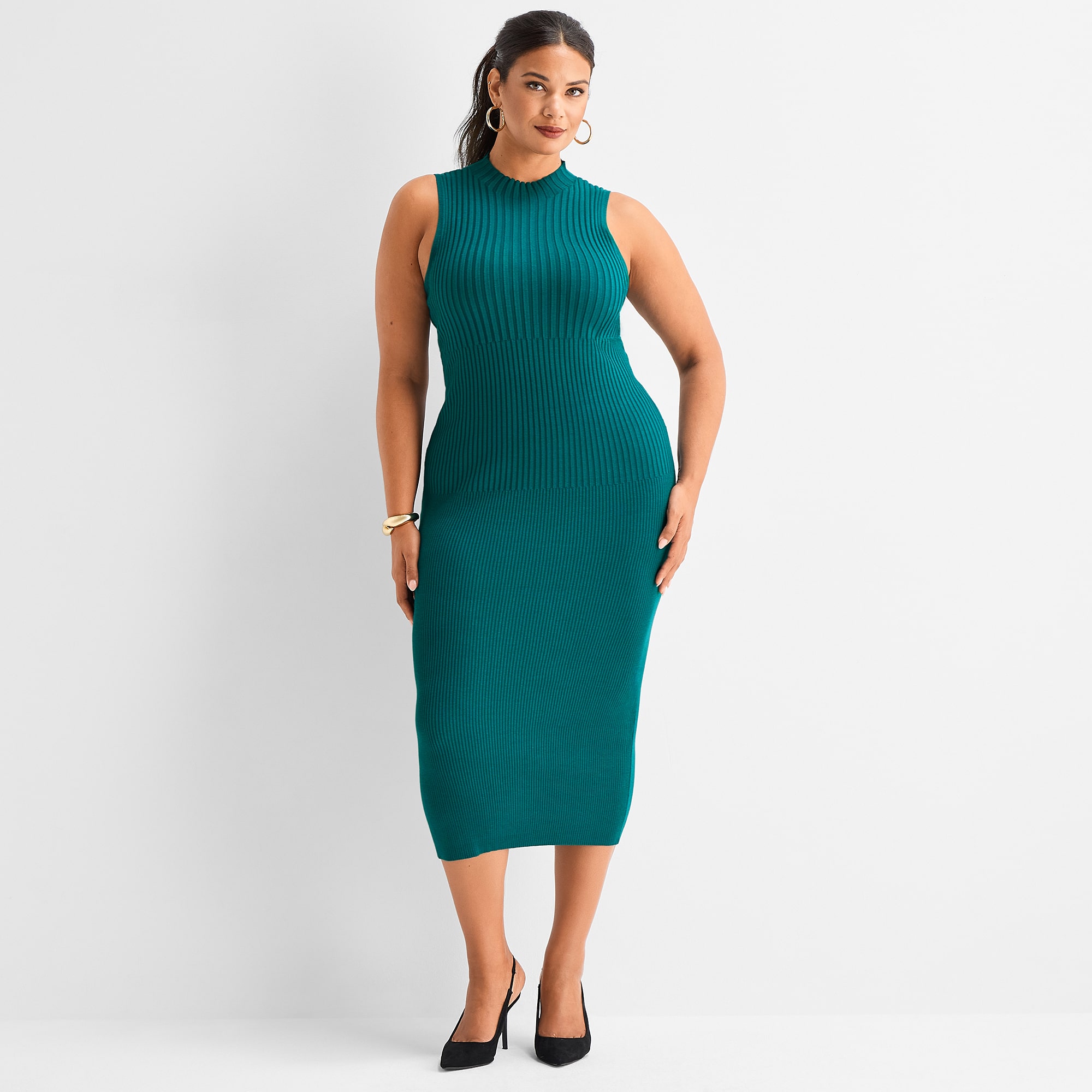 Ashley Graham Women's Plus Sleeveles Mock Neck Rib Mini Dress