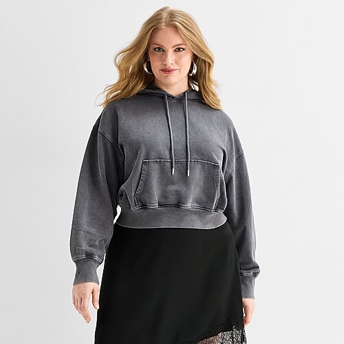 Ashley Graham Womens Plus Long Sleeve Hoodie In Black
