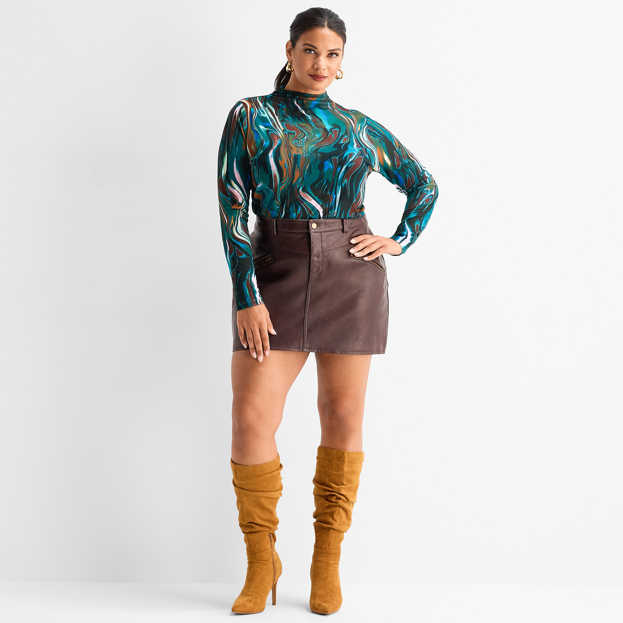 Ashley Graham Women's Plus Long Sleeve Printed Mesh Top