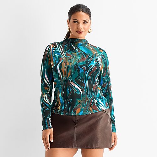 Ashley Graham Women's Plus Long Sleeve Printed Mesh Top In Black