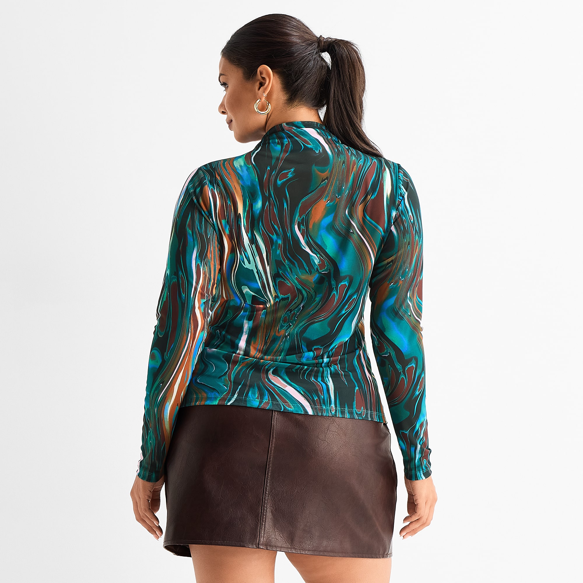 Ashley Graham Women's Plus Long Sleeve Printed Mesh Top