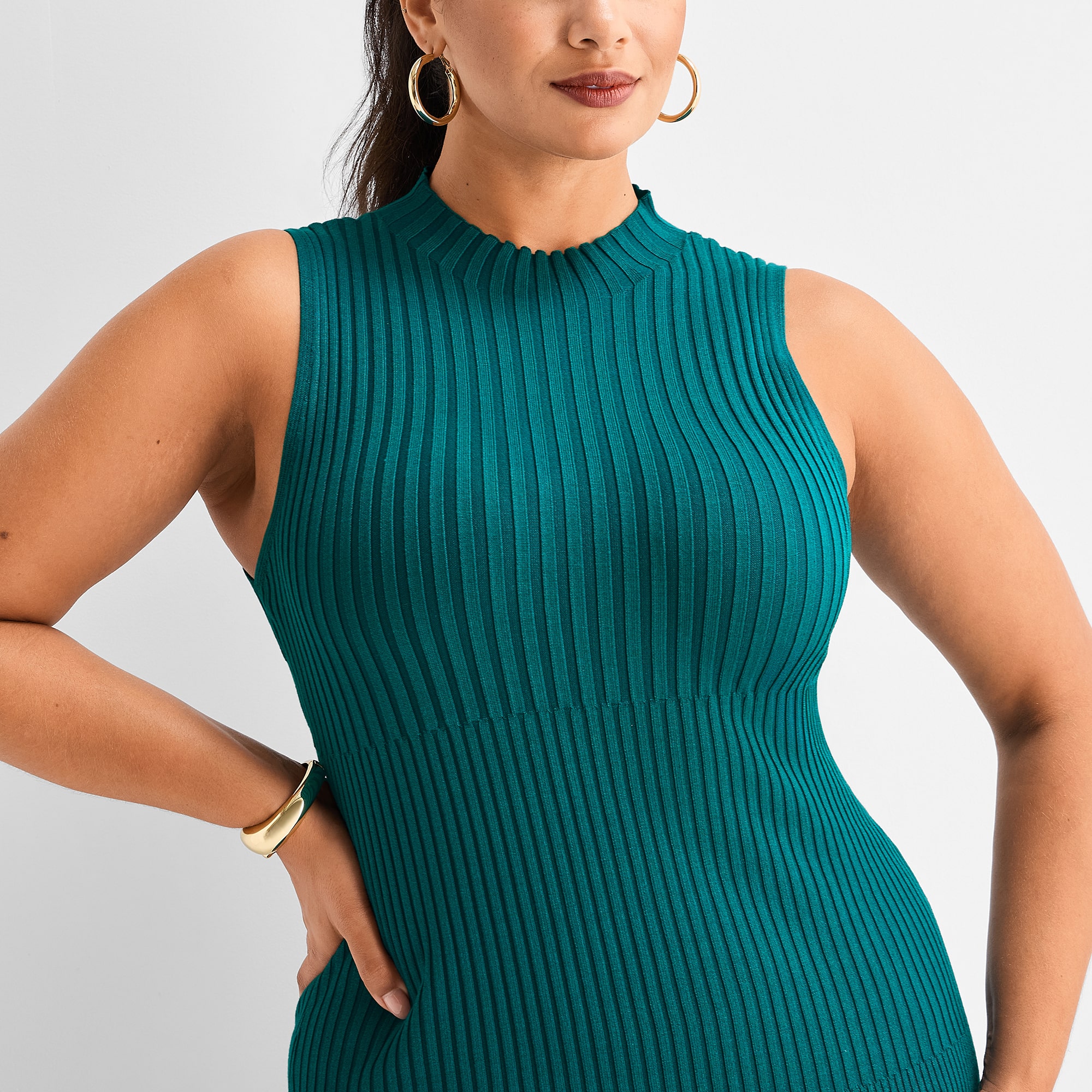 Ashley Graham Women's Plus Sleeveles Mock Neck Rib Mini Dress