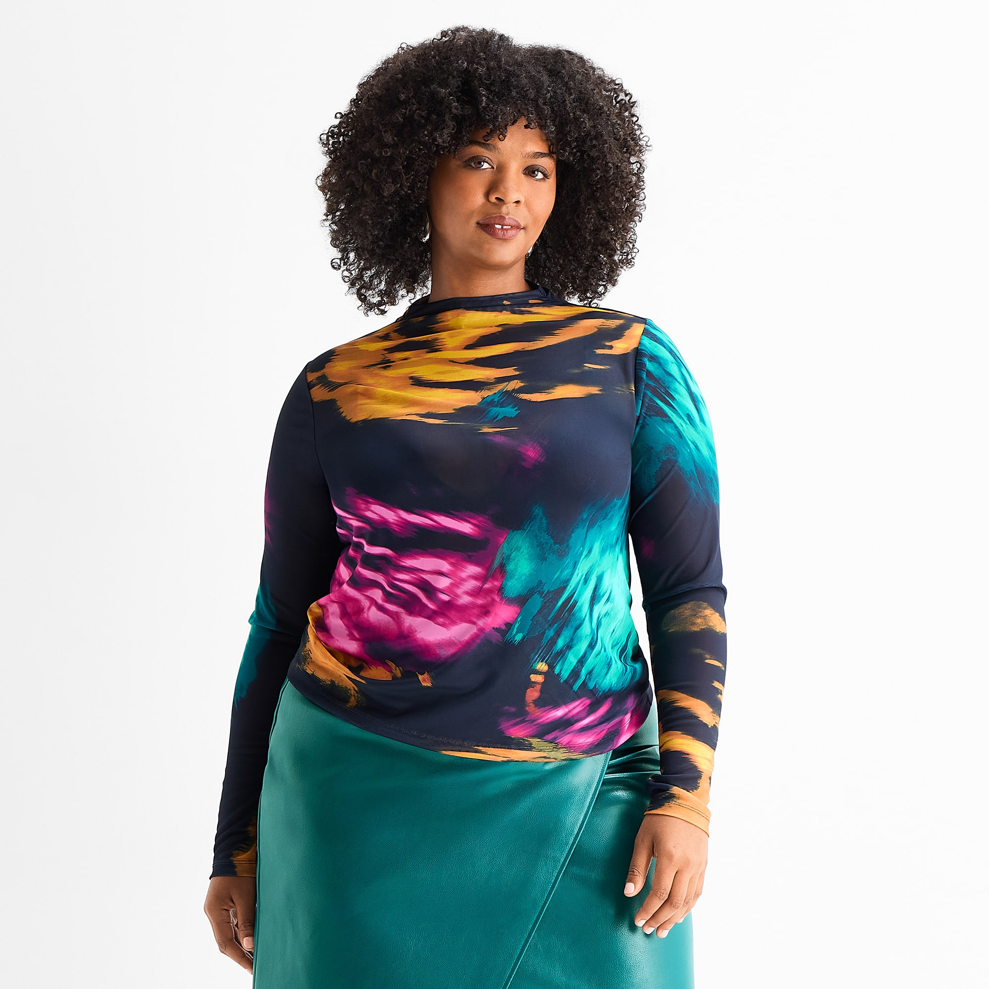 Ashley Graham Womens Plus Mock Neck Long Sleeve Blouse