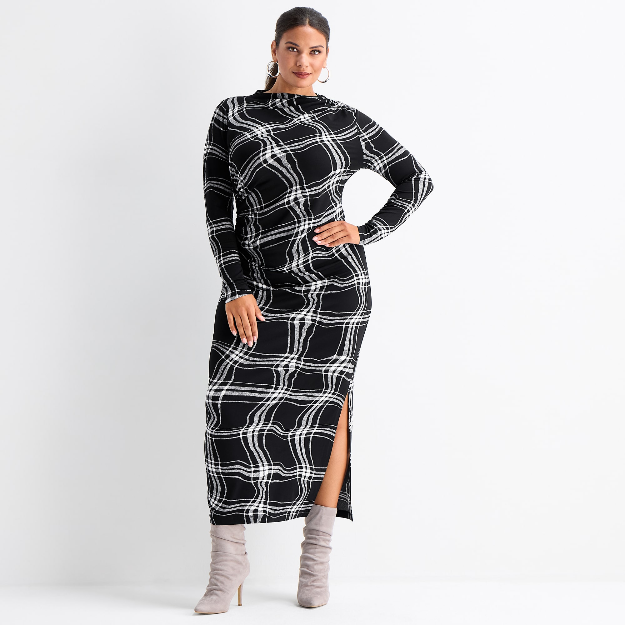 Ashley Graham Womens Plus High Neck Sleeveless Fitted Plaid Bodycon Dress