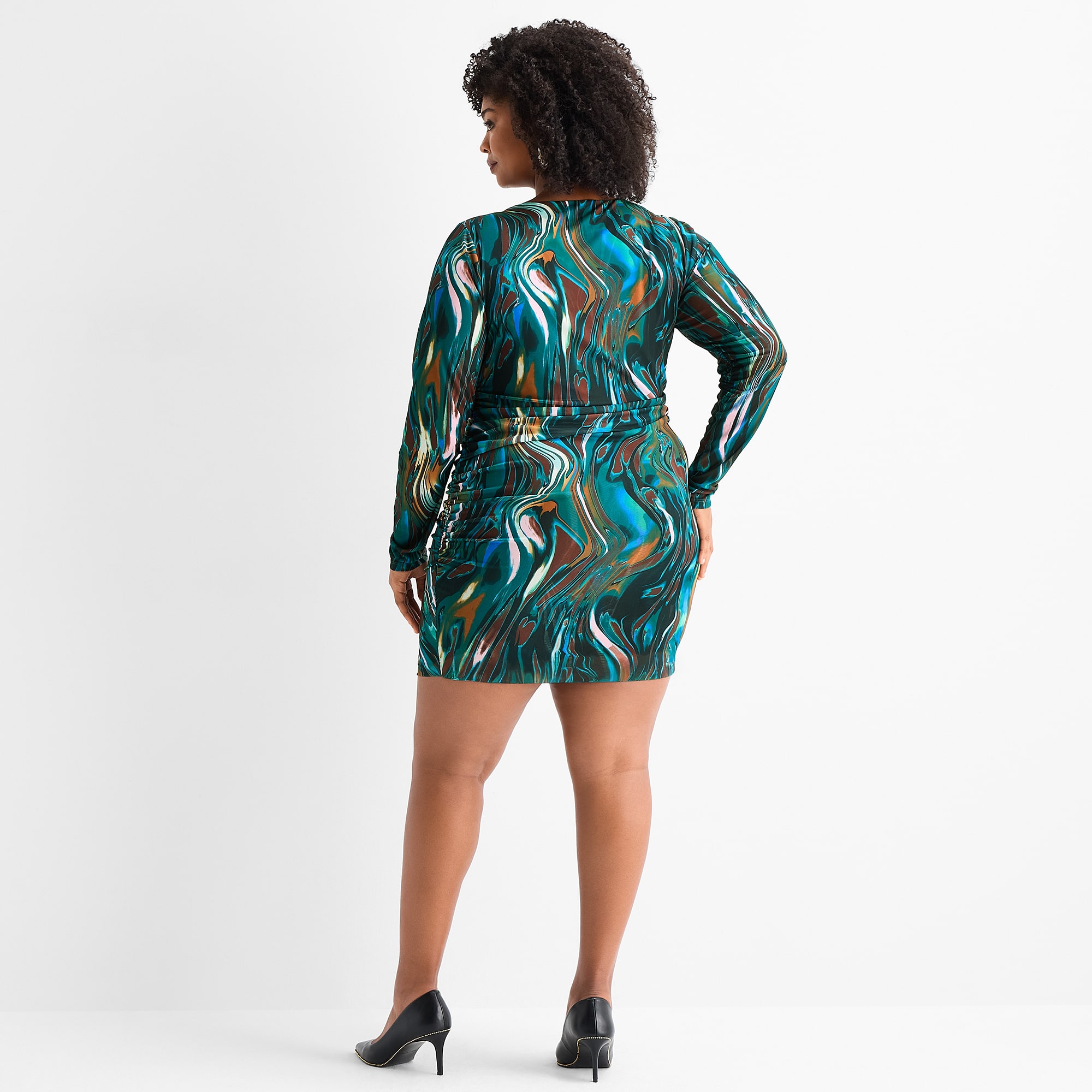 Ashley Graham Womens Plus V Neck Long Sleeve Fitted Striped Bodycon Dress