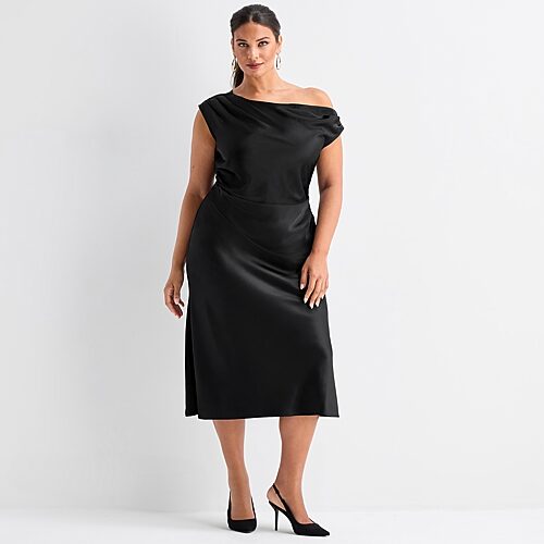 Ashley Graham Womens Plus Draped Neck Sleeveless Shift Dress In Black
