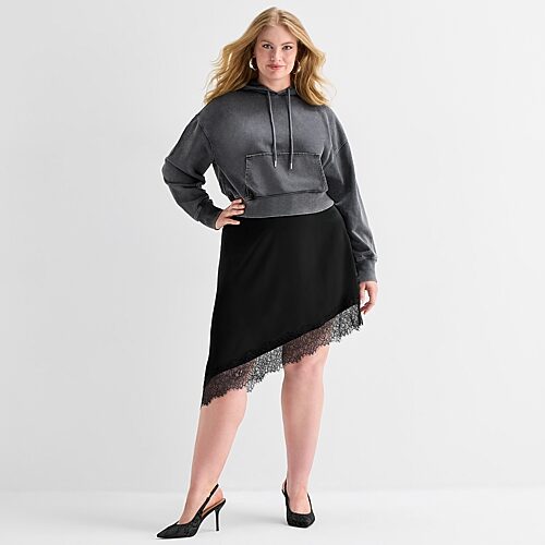 Ashley Graham Womens Plus High Low Pencil Skirt In Black