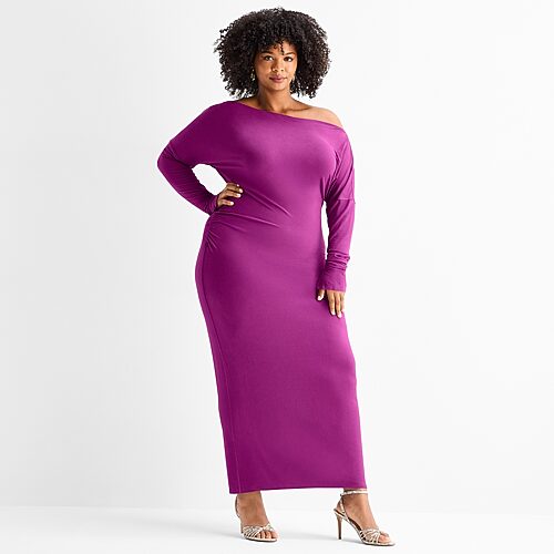 Ashley Graham Womens Plus Boat Neck Long Sleeve Dolman Bodycon Dress In Purple