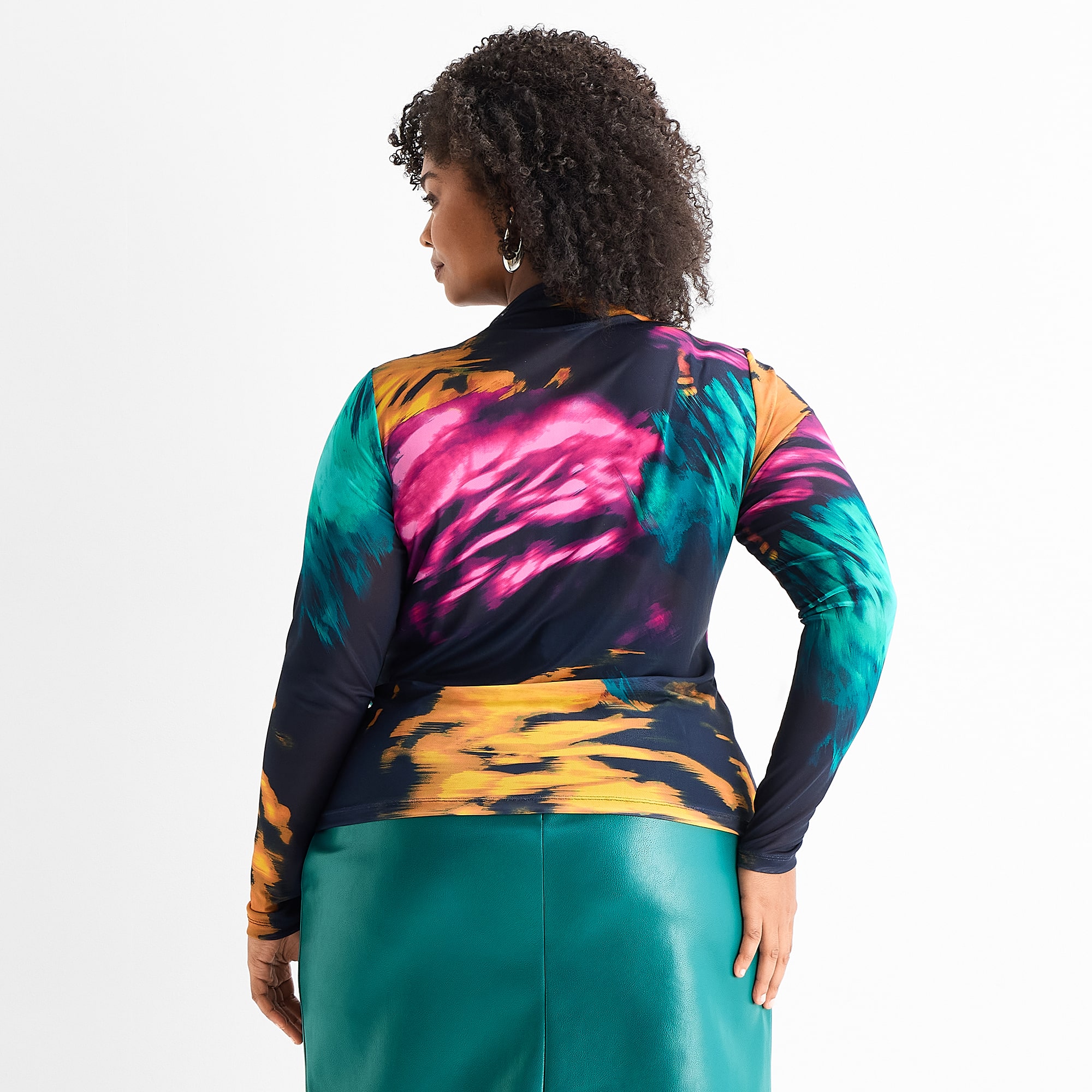 Ashley Graham Womens Plus Mock Neck Long Sleeve Blouse