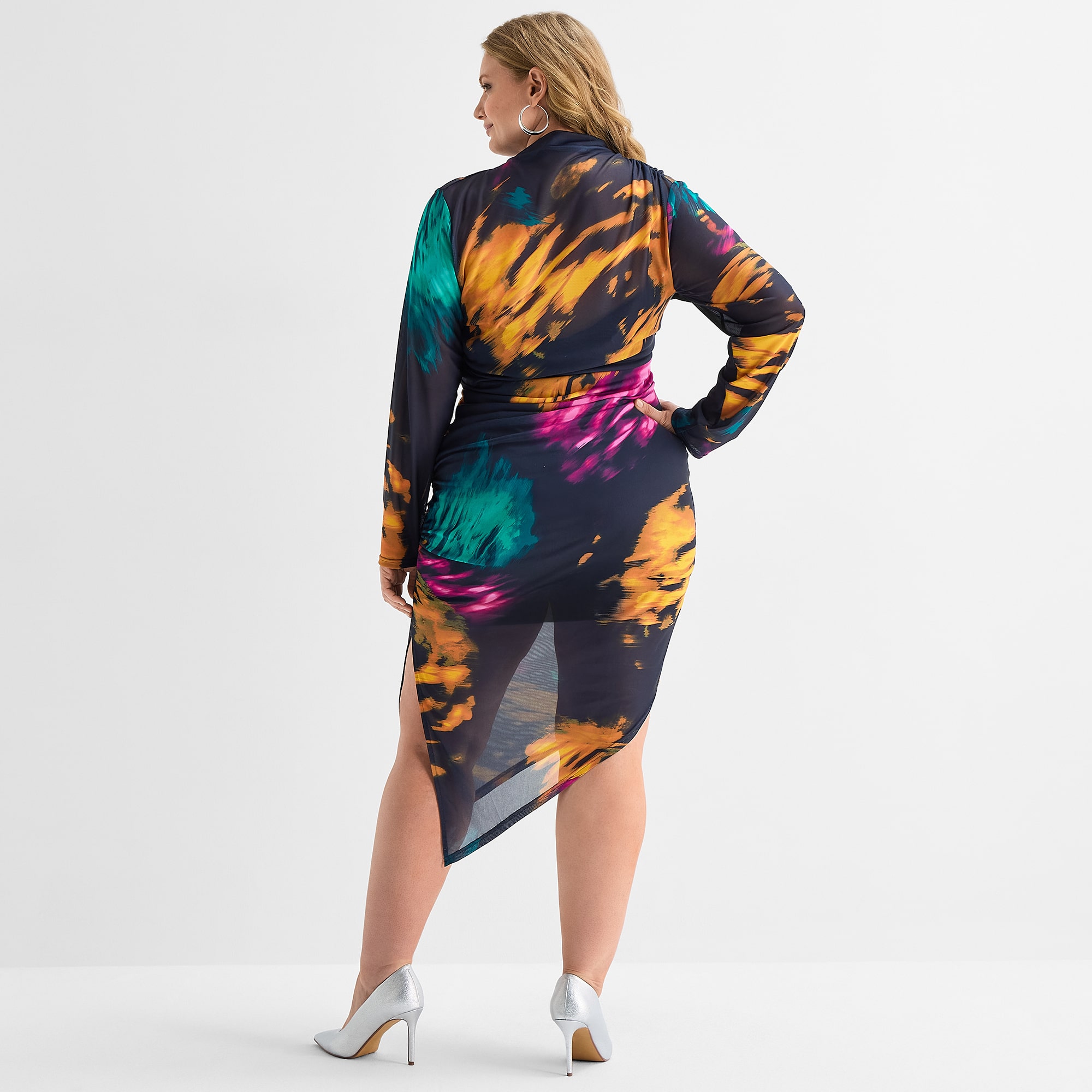 Ashley Graham Womens Plus High-Low Draped Neck Long Sleeve Fitted Casual Bodycon Dress