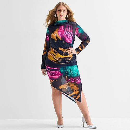Ashley Graham Womens Plus High-low Mock Neck Long Sleeve Fitted Casual Bodycon Dress In Black