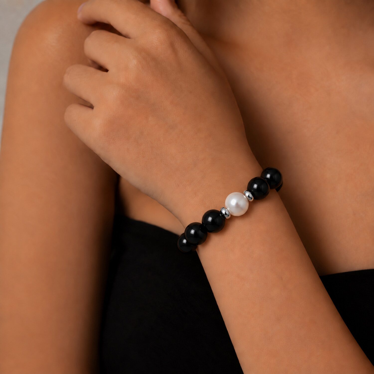 Limited Quantities! Womens Genuine Black Onyx Cultured Freshwater Pearl Sterling Silver Stretch Bracelet