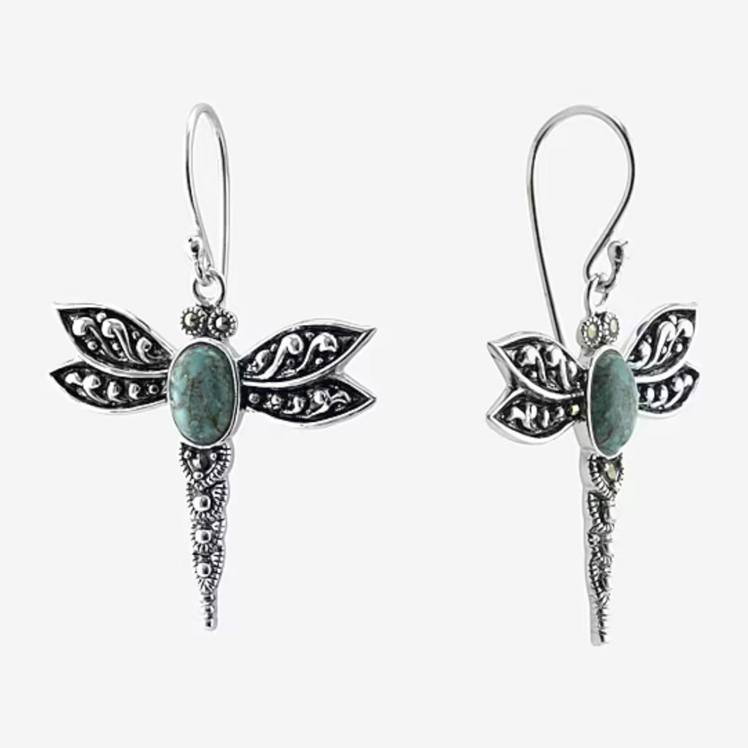 Womens Enhanced Blue Turquoise Sterling Silver Round Drop Earrings