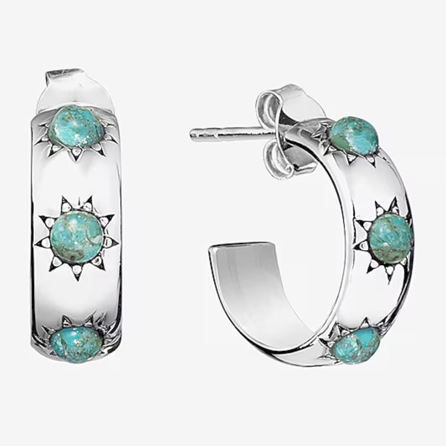 Womens Turquoise Sterling Silver 15mm Round Hoop Earrings