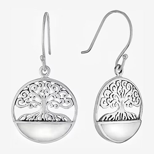 Tree Of Life Womens Genuine White Mother Of Pearl Sterling Silver Round Drop Earrings, One Size