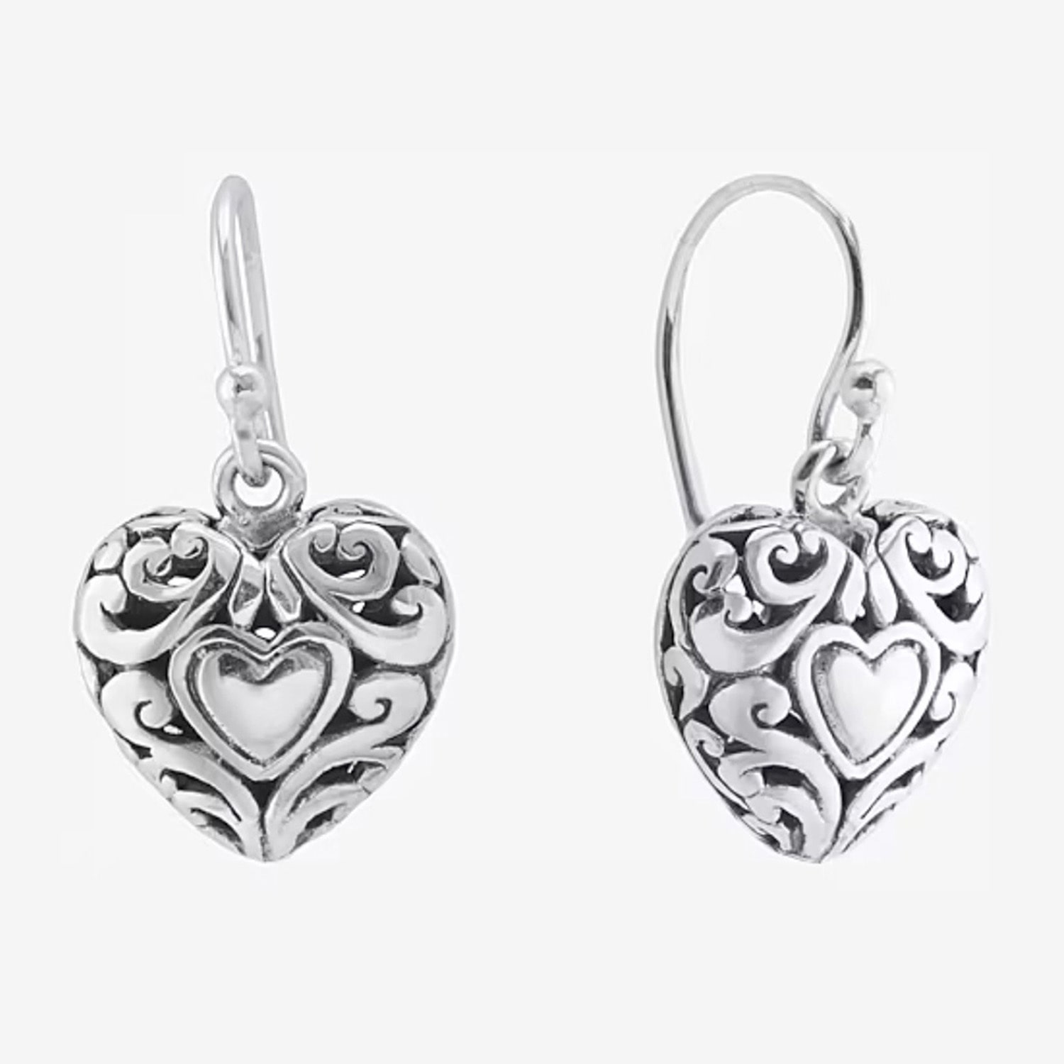 Bali Inspired Womens Sterling Silver Heart Drop Earrings