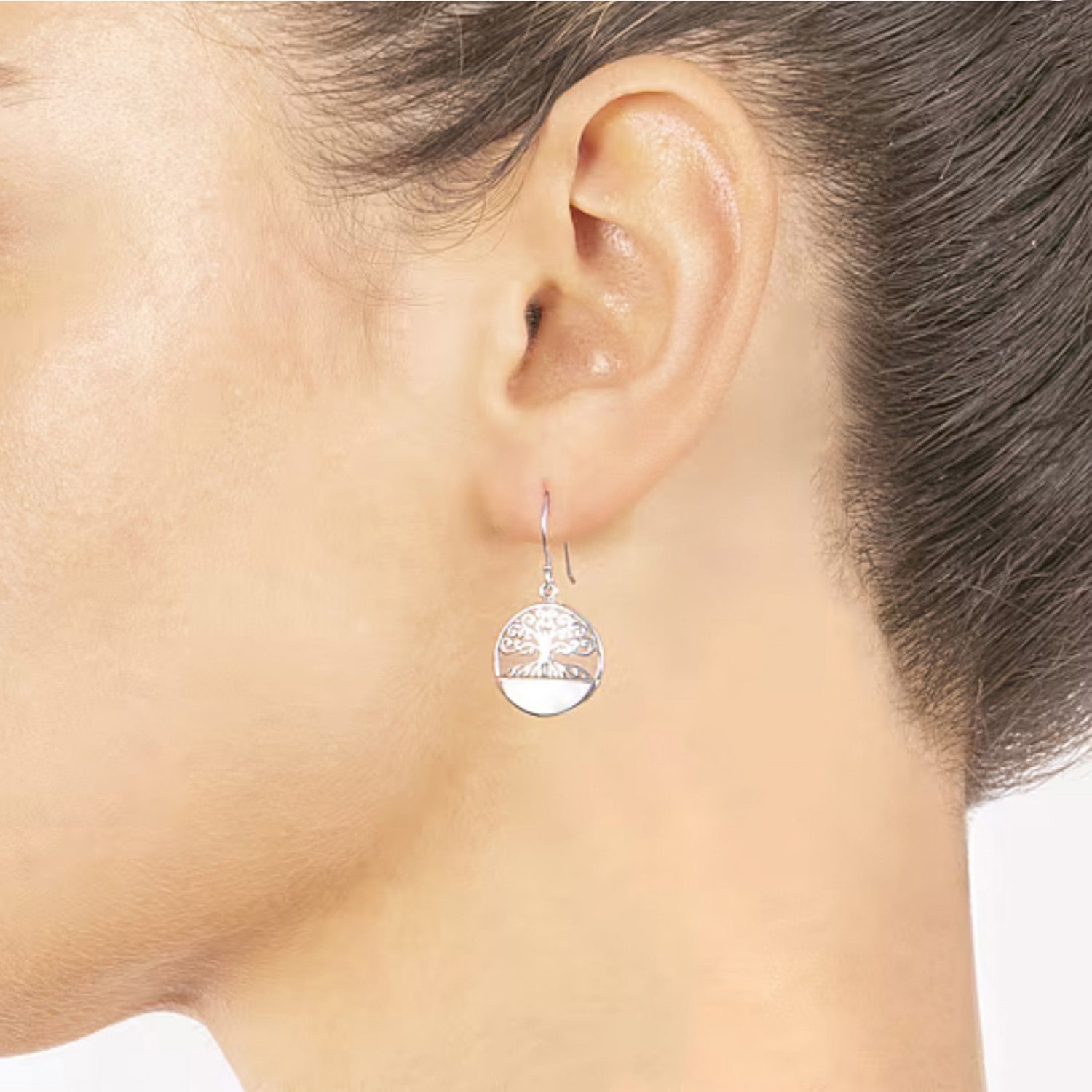 Tree Of Life Womens Genuine White Mother Of Pearl Sterling Silver Round Drop Earrings