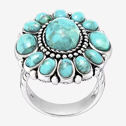 Womens Blue Turquoise Sterling Silver Flower Round Cocktail Ring, 9, Turquoise