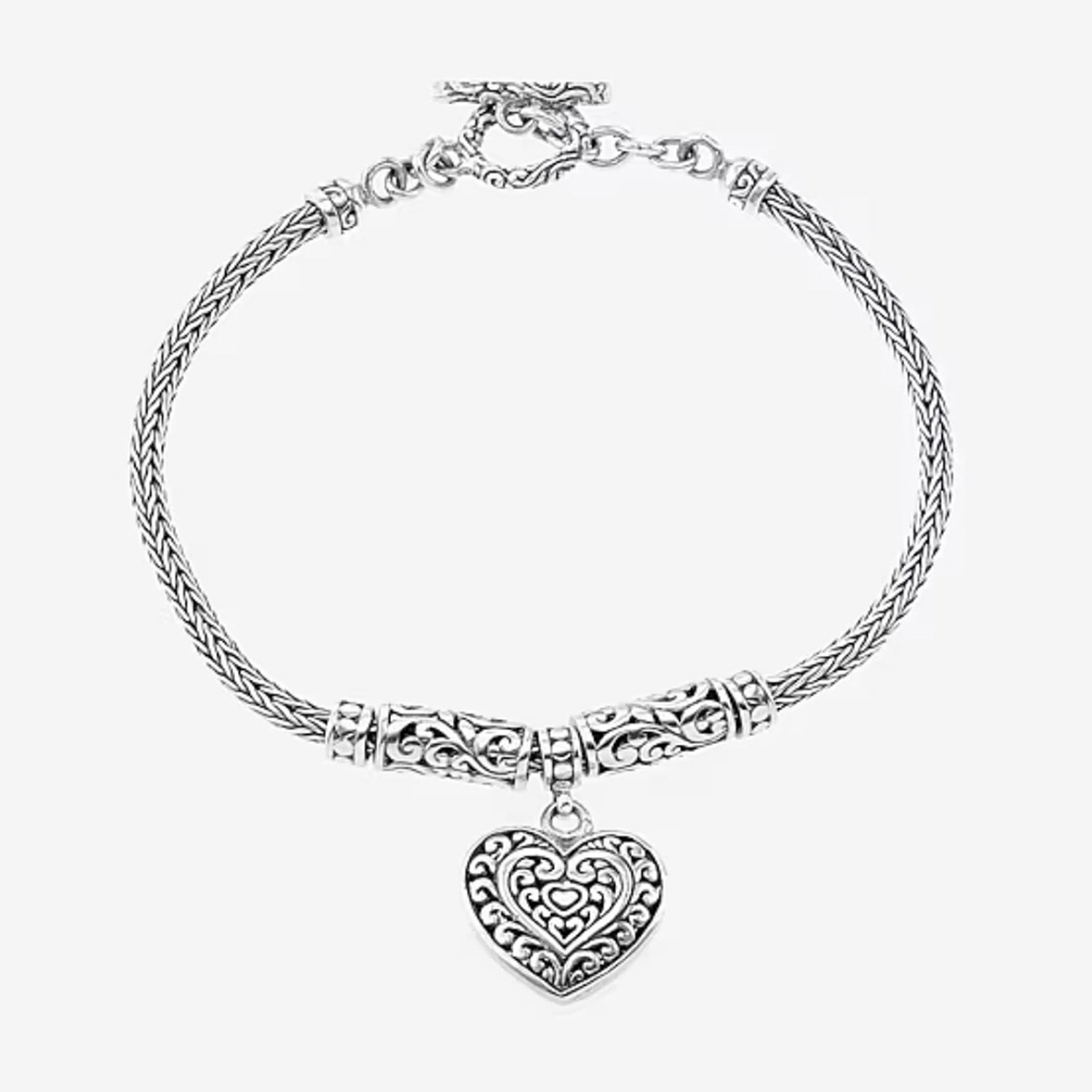 Bali Inspired Womens Sterling Silver Heart Charm Bracelet