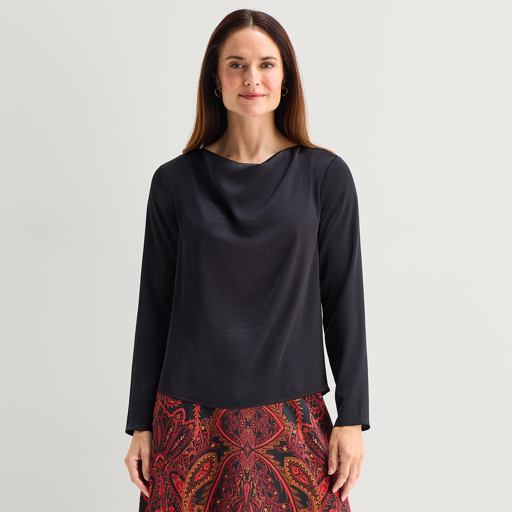Liz Claiborne Womens Draped Neck Long Sleeve Satin Blouse