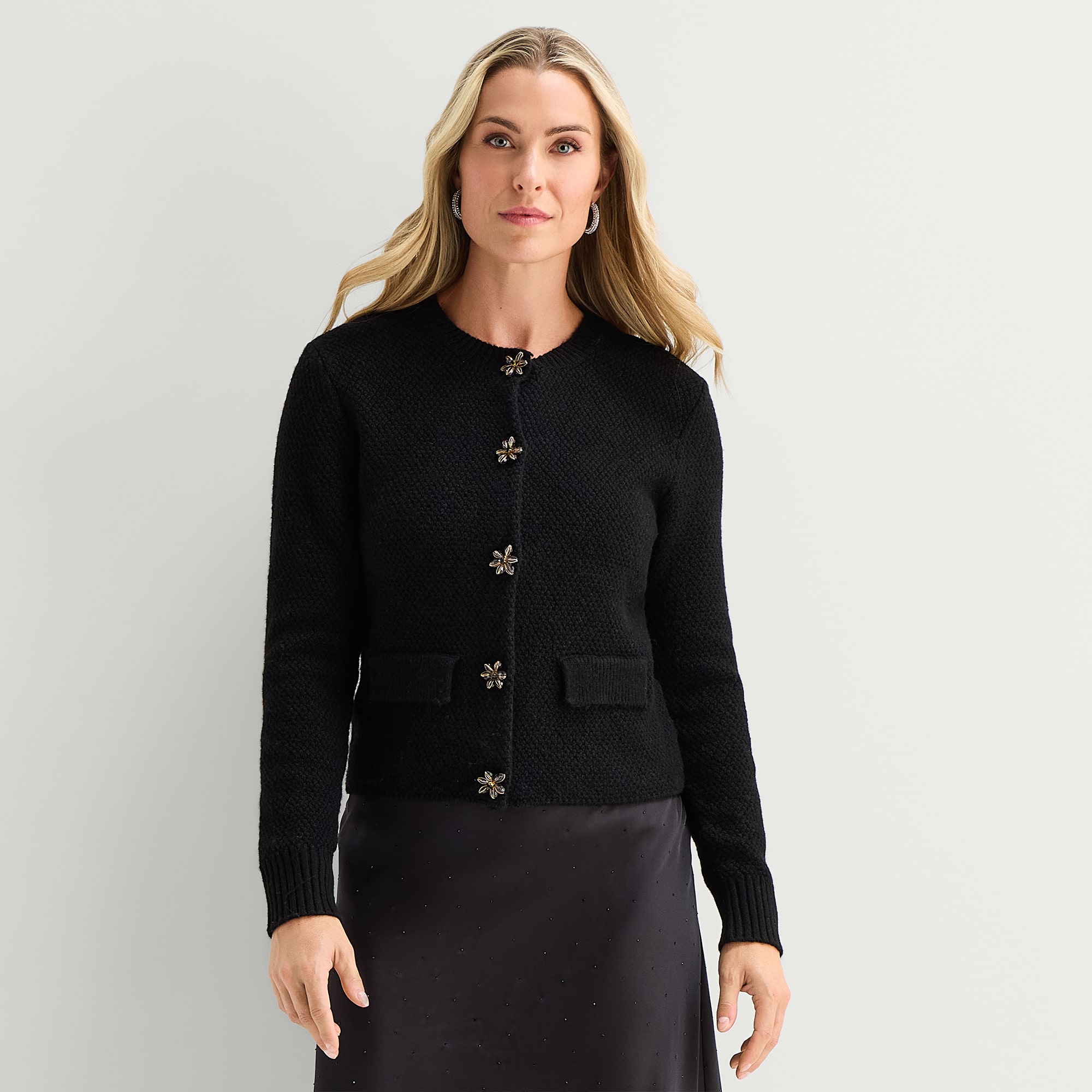 Liz Claiborne Womens Crew Neck Long Sleeve Button Cardigan