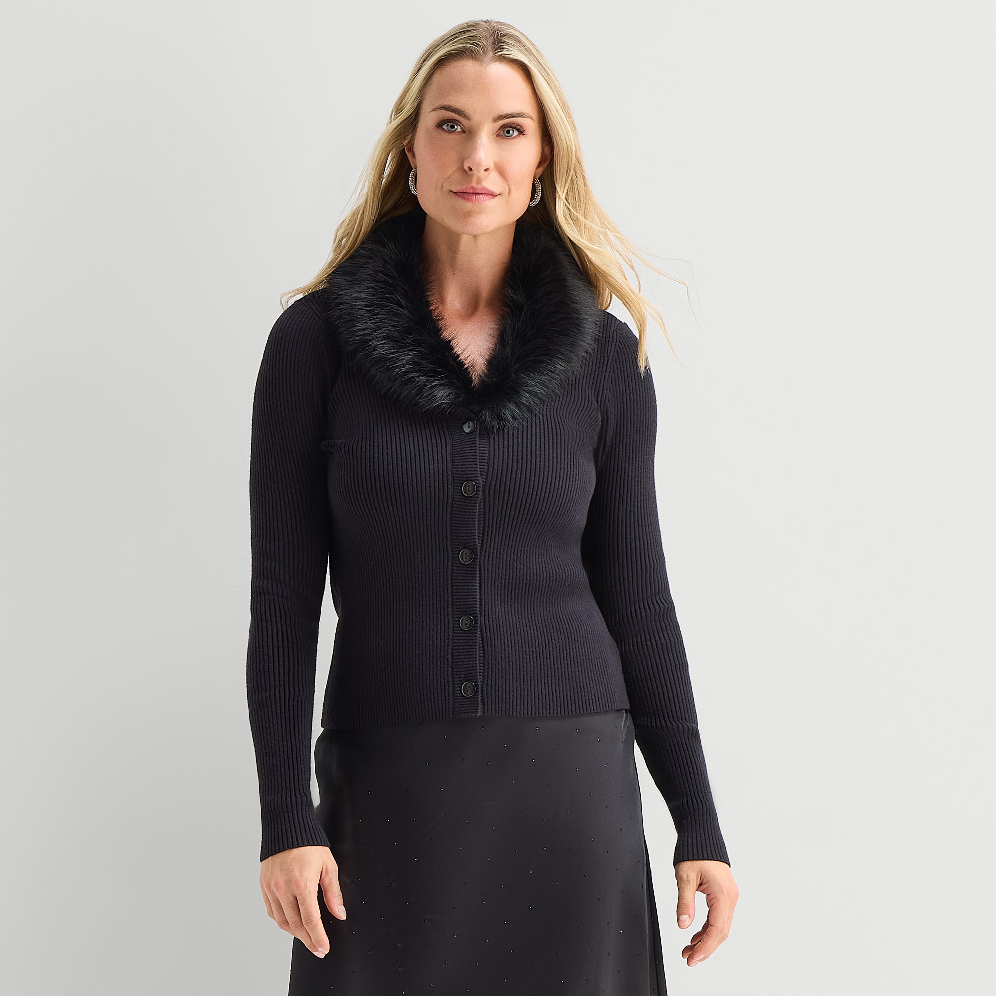 Liz Claiborne Faux Fur Womens V Neck Long Sleeve Button Cardigan