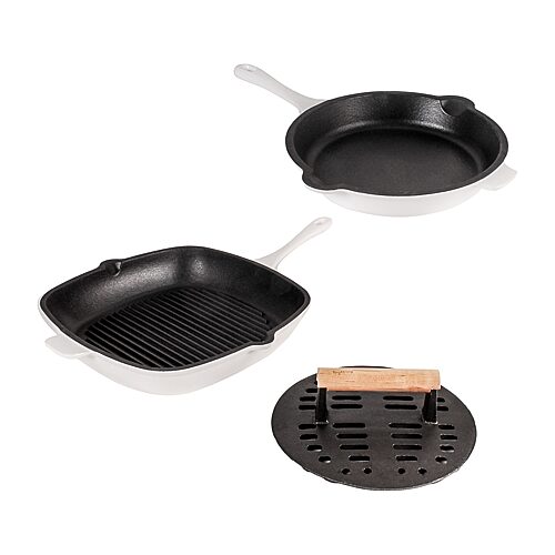 BergHOFF Neo 3pc Cast Iron Fry Pan & Grill Pan Set with Slotted Steak Press - White