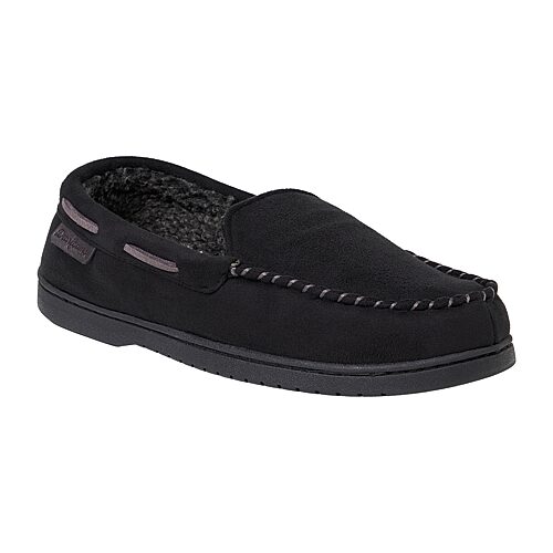 Dearfoams Keaton Perforated Microfiber Suede Moc W Whipstitch Mens Moccasin Slippers, Xx-large, Black
