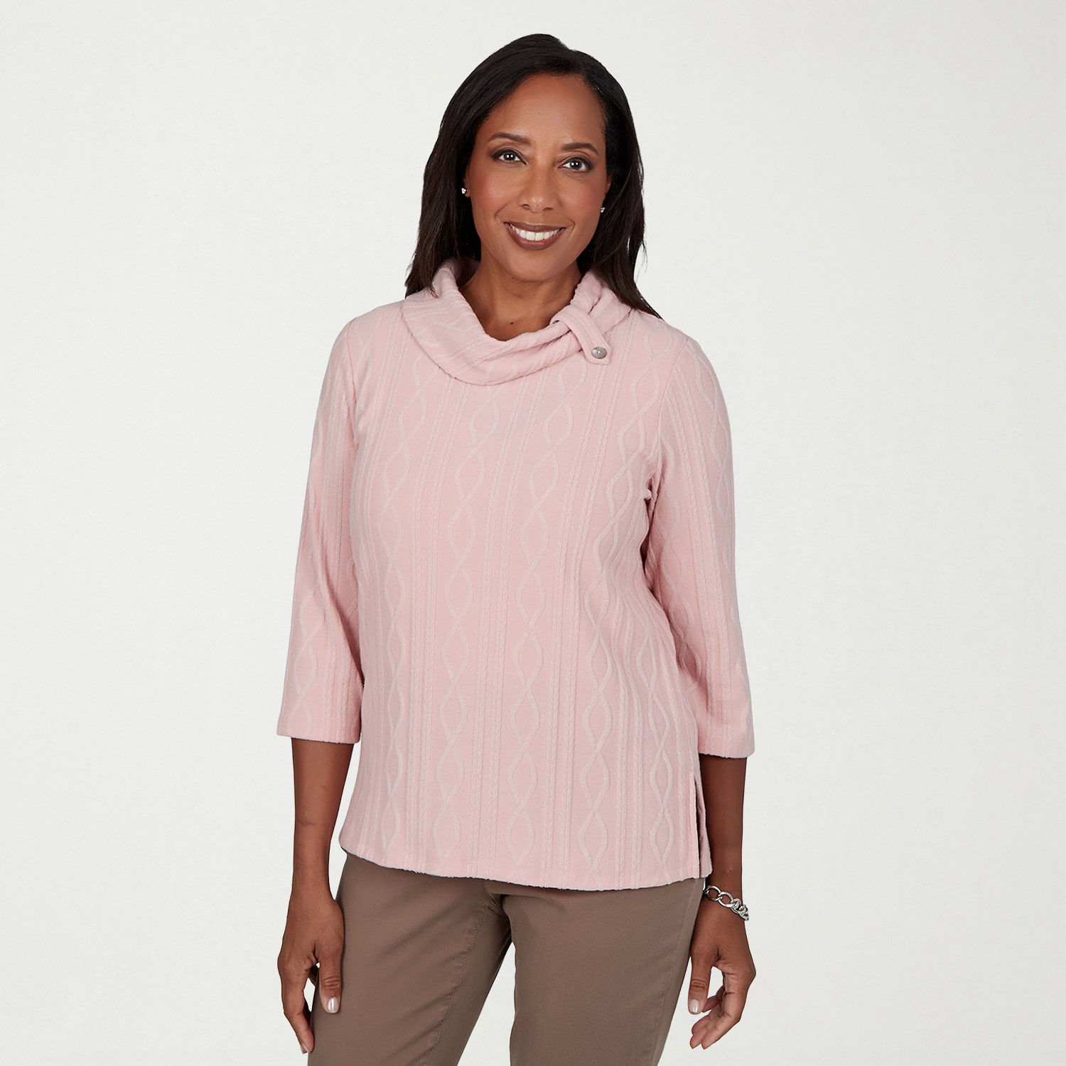 Alfred Dunner Sunset Ridge Womens Cowl Neck 3/4 Sleeve T-Shirt
