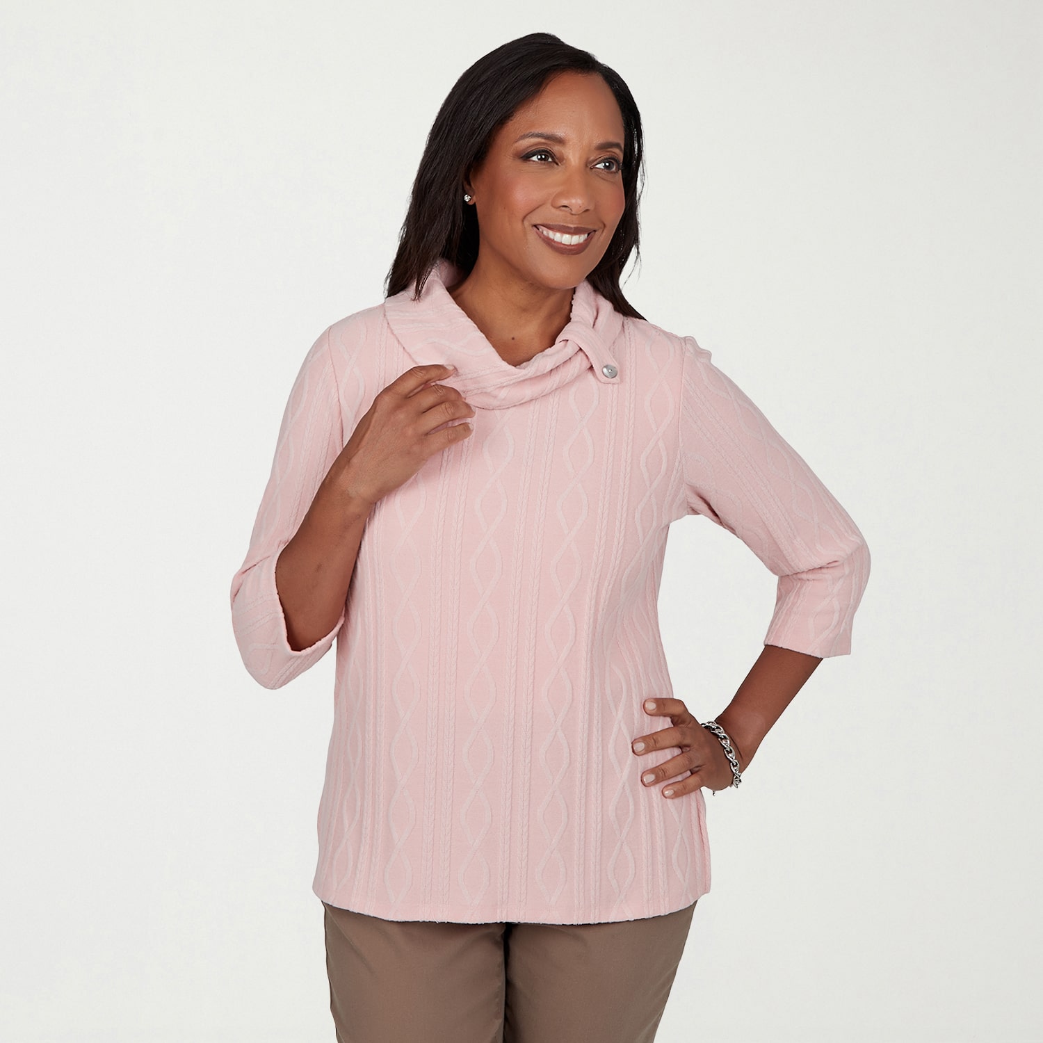 Alfred Dunner Sunset Ridge Womens Cowl Neck 3/4 Sleeve T-Shirt
