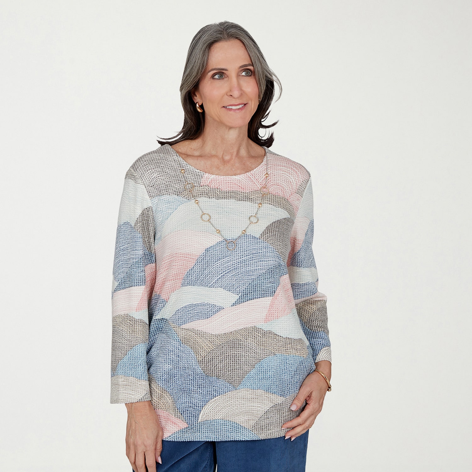 Alfred Dunner Sunset Ridge Womens Crew Neck 3/4 Sleeve T-Shirt