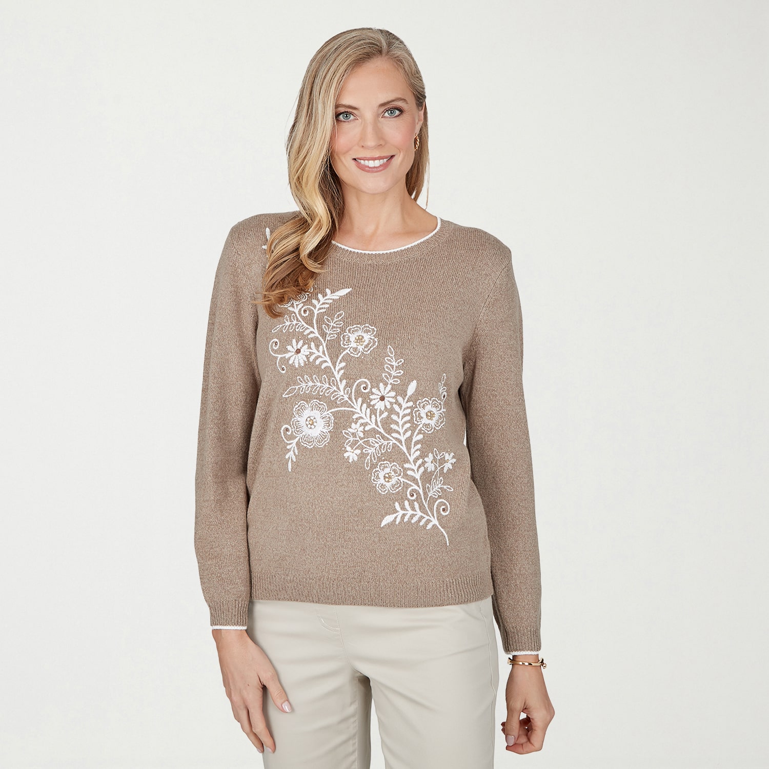 Alfred Dunner Sunset Ridge Womens Crew Neck Long Sleeve Floral Pullover Sweater