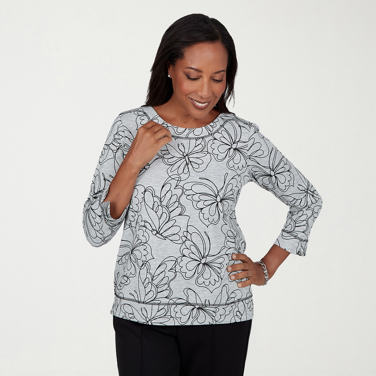 Alfred Dunner Weekend Warrior Womens Crew Neck 3/4 Sleeve T-Shirt