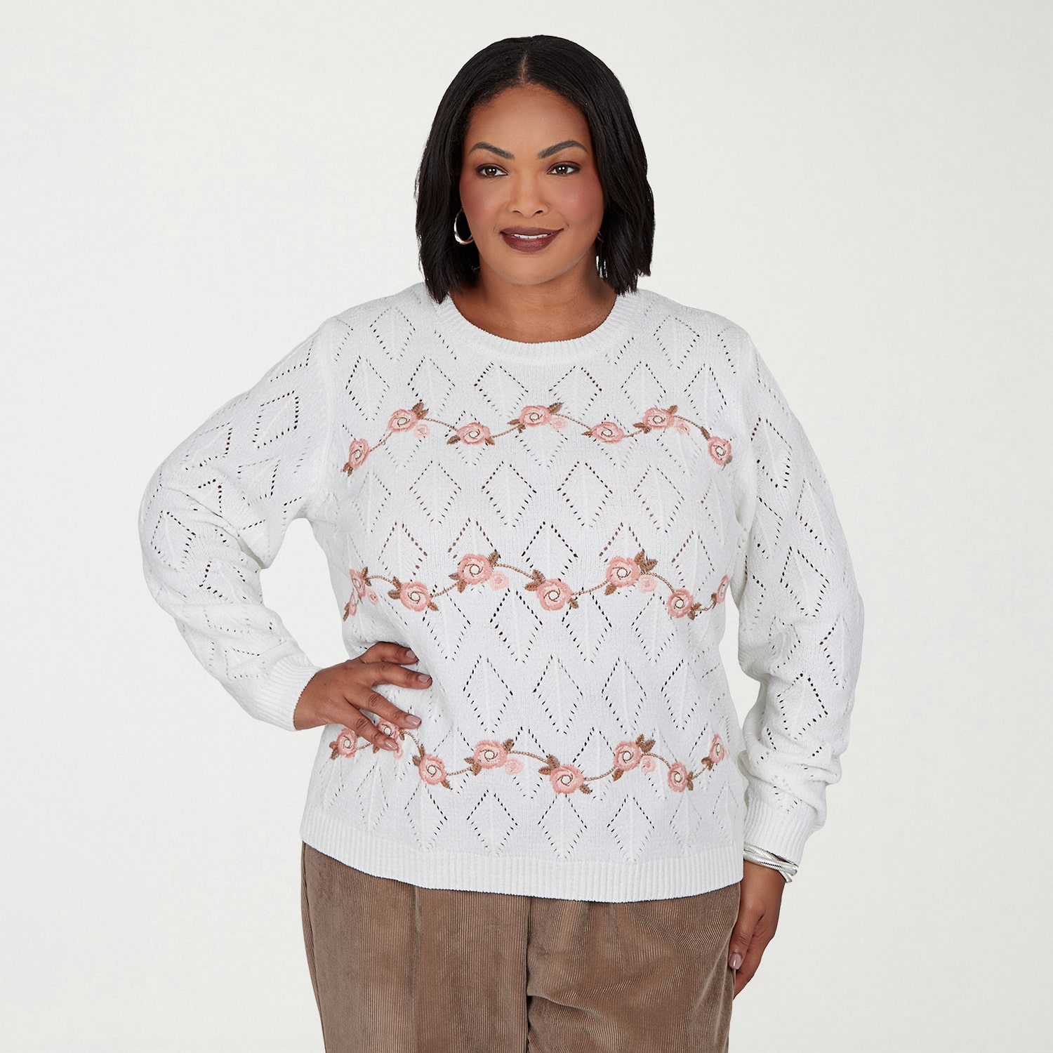 Alfred Dunner Plus Sunset Ridge Womens Crew Neck Long Sleeve Pullover Sweater