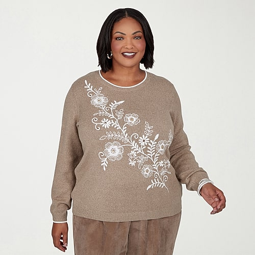 Alfred Dunner Plus Sunset Ridge Womens Crew Neck Long Sleeve Floral Pullover Sweater, 3x, Brown